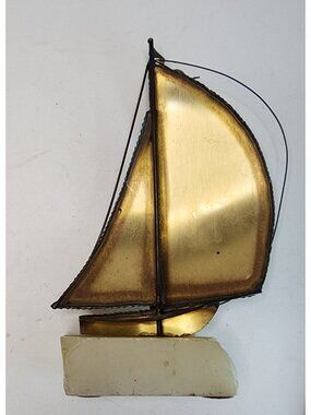 Vintage MCM Regal Brass Sailboat on Marble Base Signed DeMott Nautical Art 9.5"